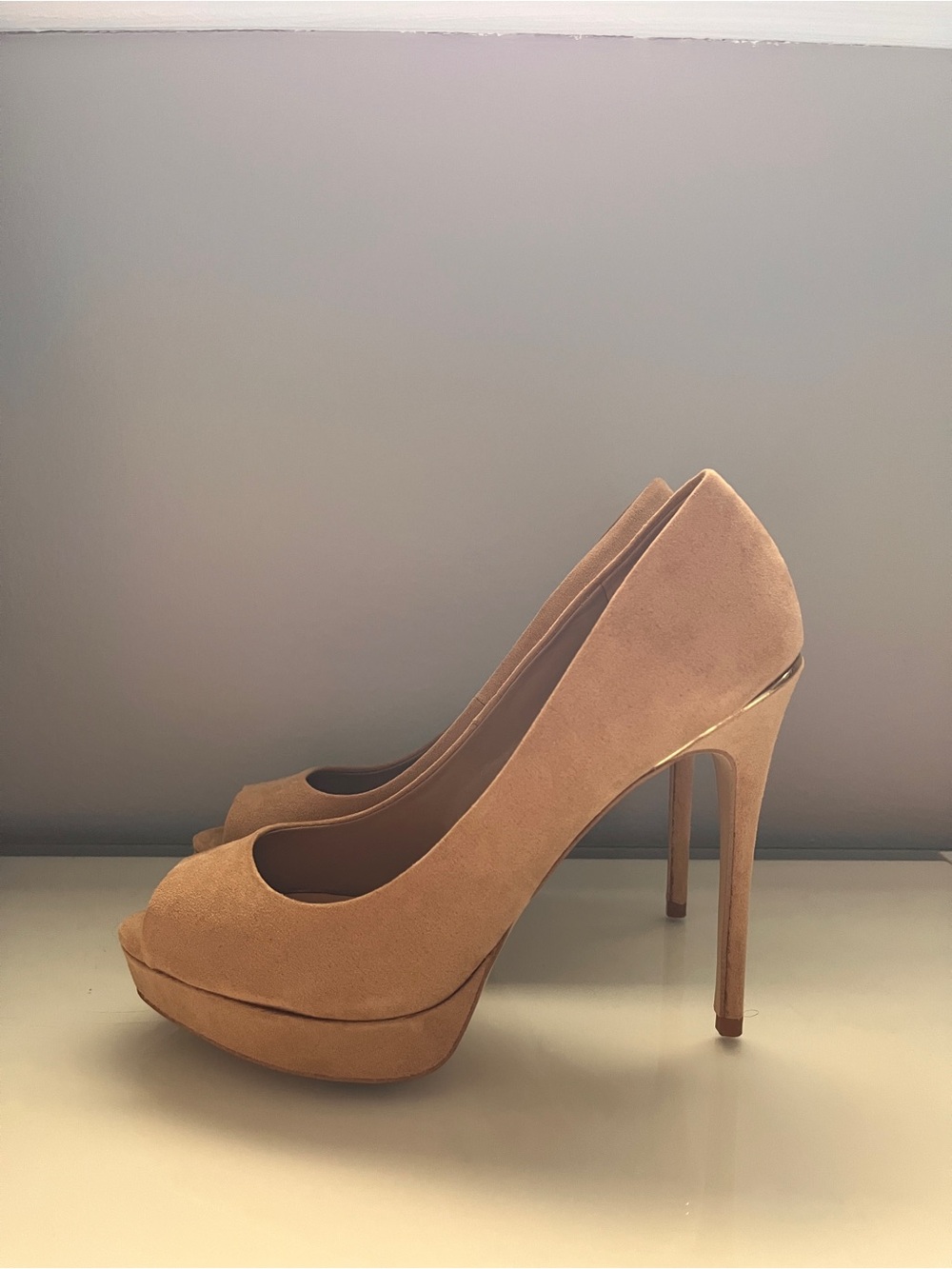 Aldo Beige Suede Peep-Toe Stiletto Heels - Picture 4 of 8